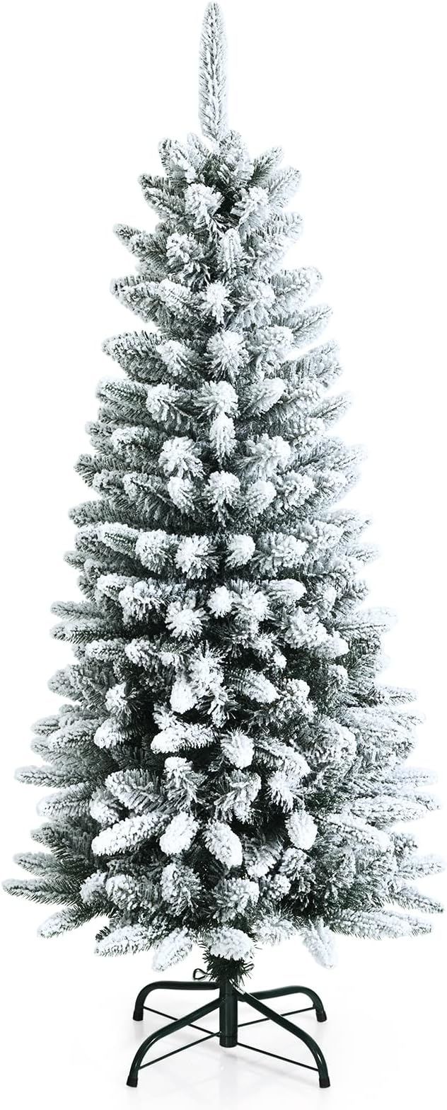 Goplus 4.5ft Snow Flocked Pencil Christmas Tree, Hinged Artificial Slim Xmas Tree W/ 373 Branch T... | Amazon (US)