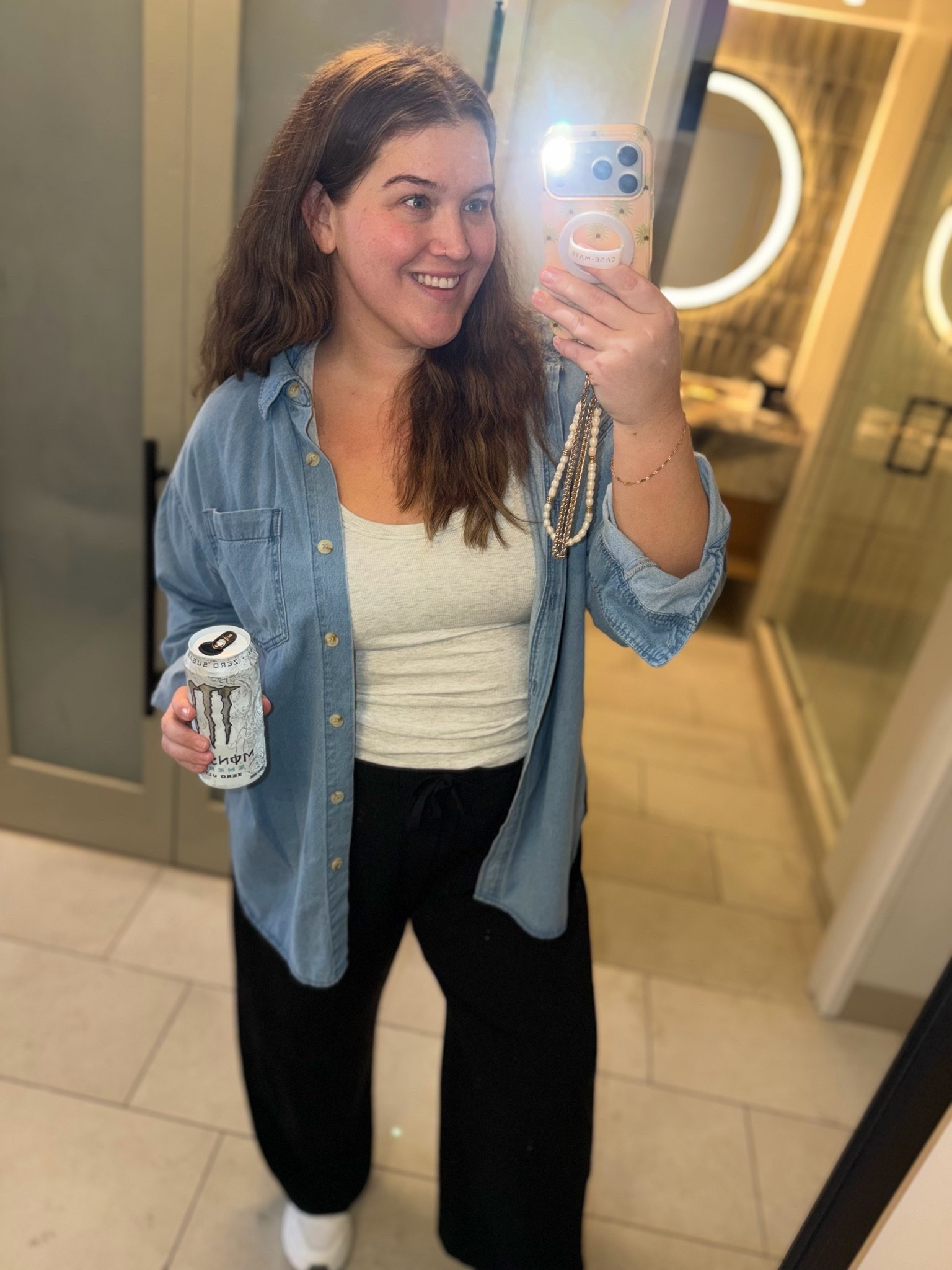 Comfy casual travel outfit of the day 🤍✨ Finally got my hands on these non wrinkle pants and they’re definitely worth the hype. 
Paired with a built in bra tank top and denim button up shirt 
Size XXL top, 2X pants

#LTKootd #LTKTravel #LTKPlusSize