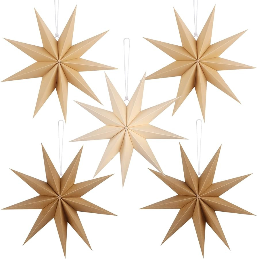 12 Inches 5 PCS Brown Paper Star Lanterns Hanging Khaki Stars Christmas Party Decorations Hanging... | Amazon (US)