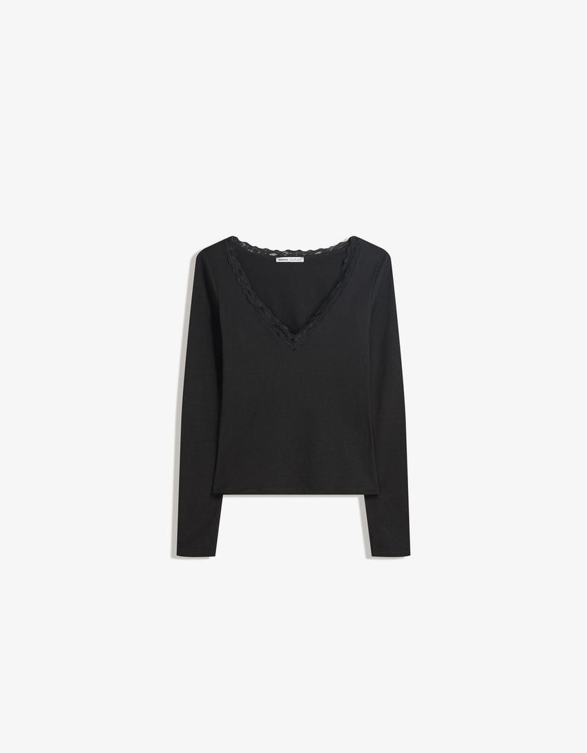 Langarmshirt mit Spitze - Damen | Bershka DE