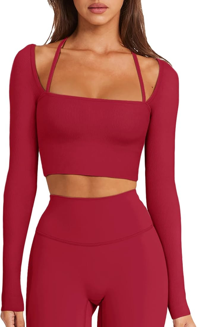 LASLULU Womens Sexy Square Neck Crop Top Ribbed Seamless Long Sleeve Workout Tops Halter Neck Yog... | Amazon (US)