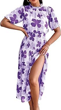 PRETTYGARDEN Women Summer Casual Ruffle Mock Neck Dress 2023 Short Sleeve Smocked Slit Boho Flora... | Amazon (US)