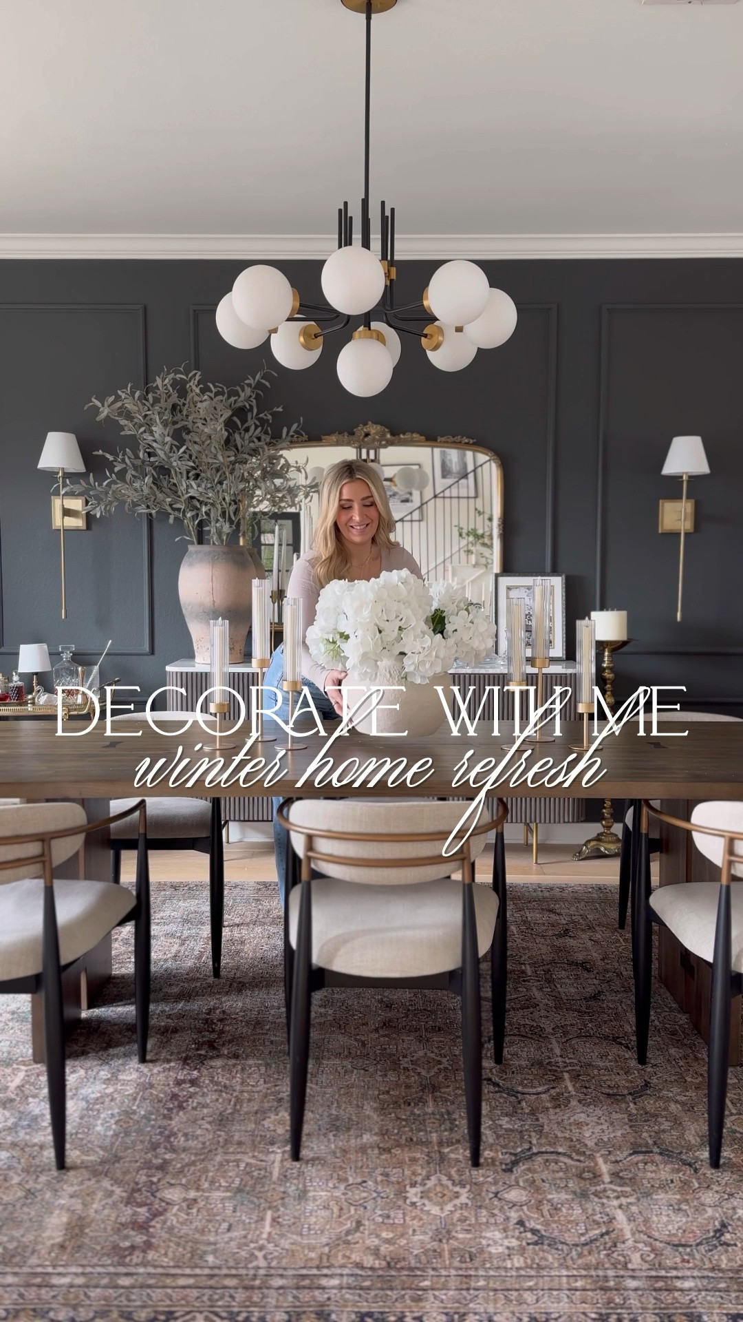 Winter home decor refresh! I used:

Dining room fading olive stems: 3 total 
Dining room hydrangeas: No longer available but linked similar!
Faux sage green branches: 5 total
Coffee table faux stems: 4 total
Black sideboard pussywillow stems: 4 total
Kitchen stems: 4 total
