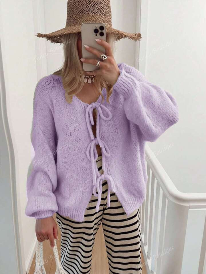 New Autumn Winter Fashion Women Solid Color Twist Front Long Sleeve Cardigan, Commuting, Minimali... | SHEIN