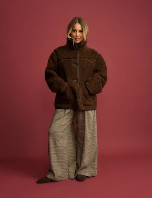 Brown Funnel Neck Faux Sherling Coat | Nobody's Child