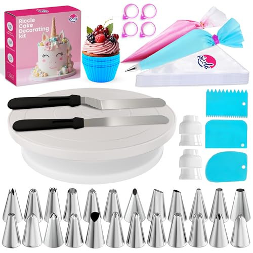 Riccle 94 pcs Cake Decorating Kit with Cake Turntable - Includes 50pcs 12 Inch Disposable + 2 Reusable Piping Bags and Tips Set, 24 Icing Piping Tips, 2 Spatulas, 3 Icing Comb Scraper, 6 Cake Liners | Amazon (US)