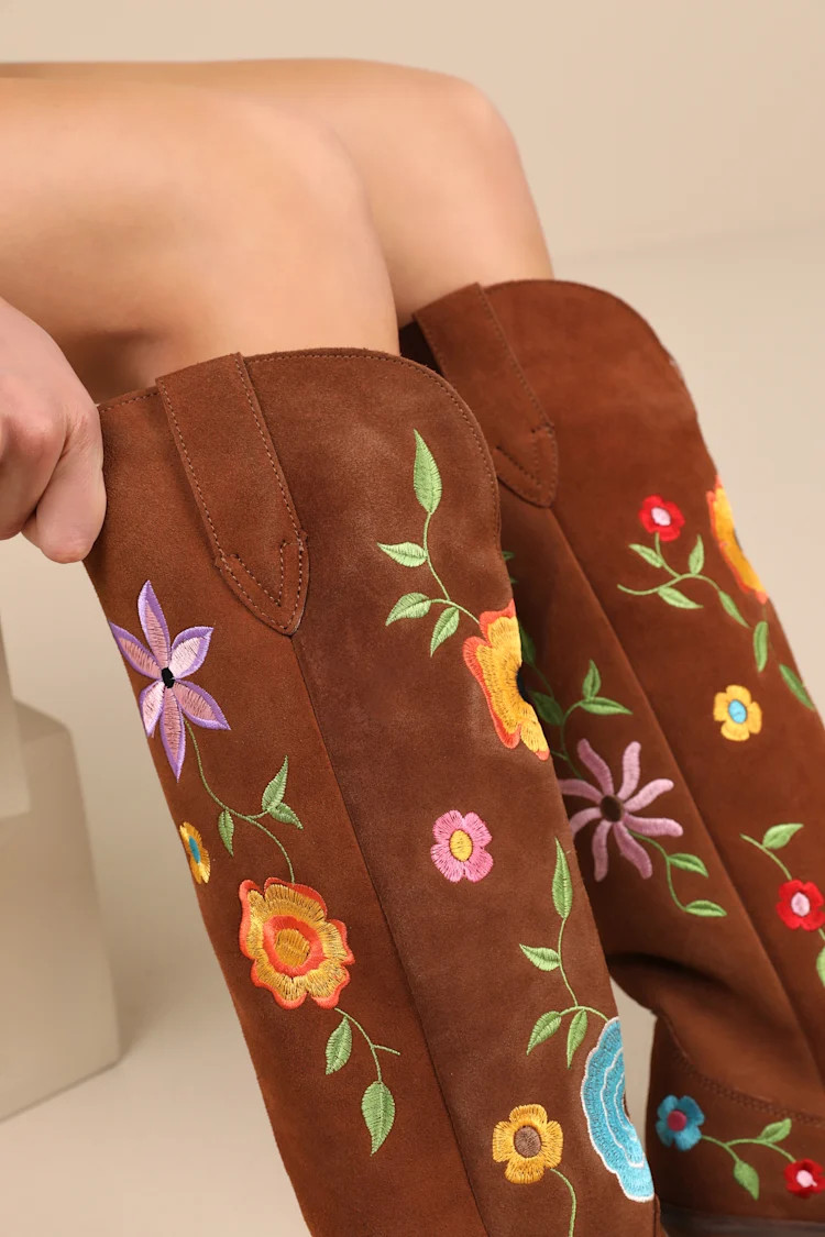 Flower Power Brown Suede Embroidered Knee-High Western Boots | Lulus