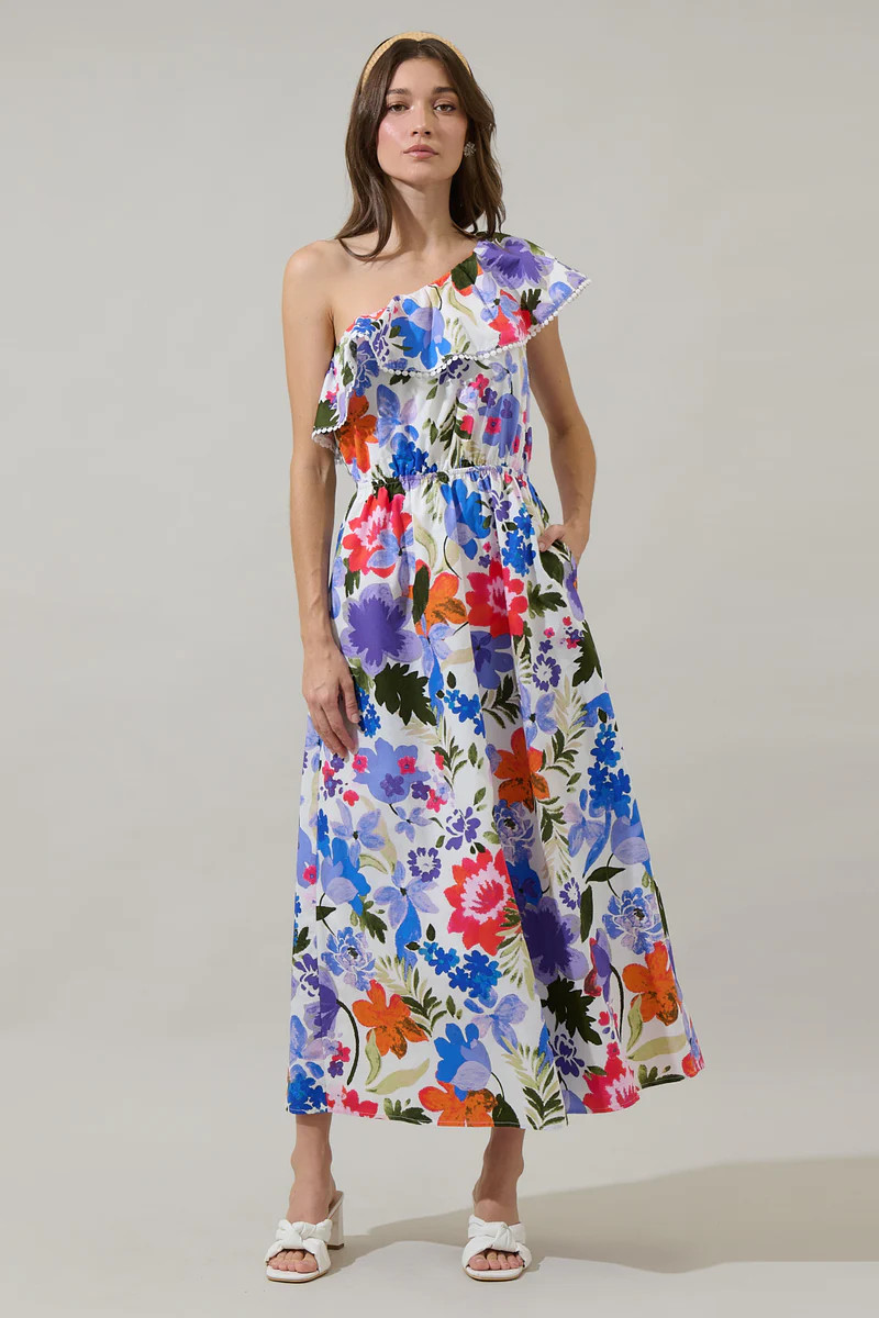 Amania Floral Suraya One Shoulder Midi Dress | Sugarlips