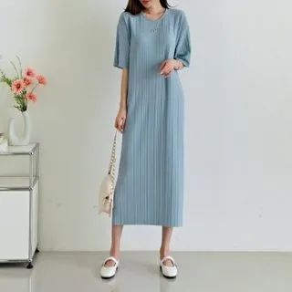Elbow-Sleeve Long Pleated Dress | YesStyle Global