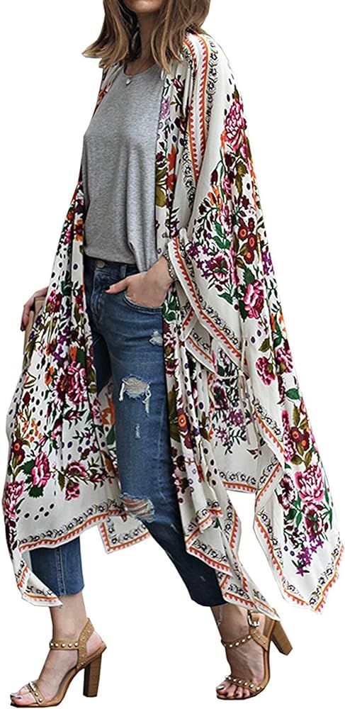 Women's Chiffon Blouse Loose Tops Beach Kimono Floral Print Cardigan | Amazon (US)