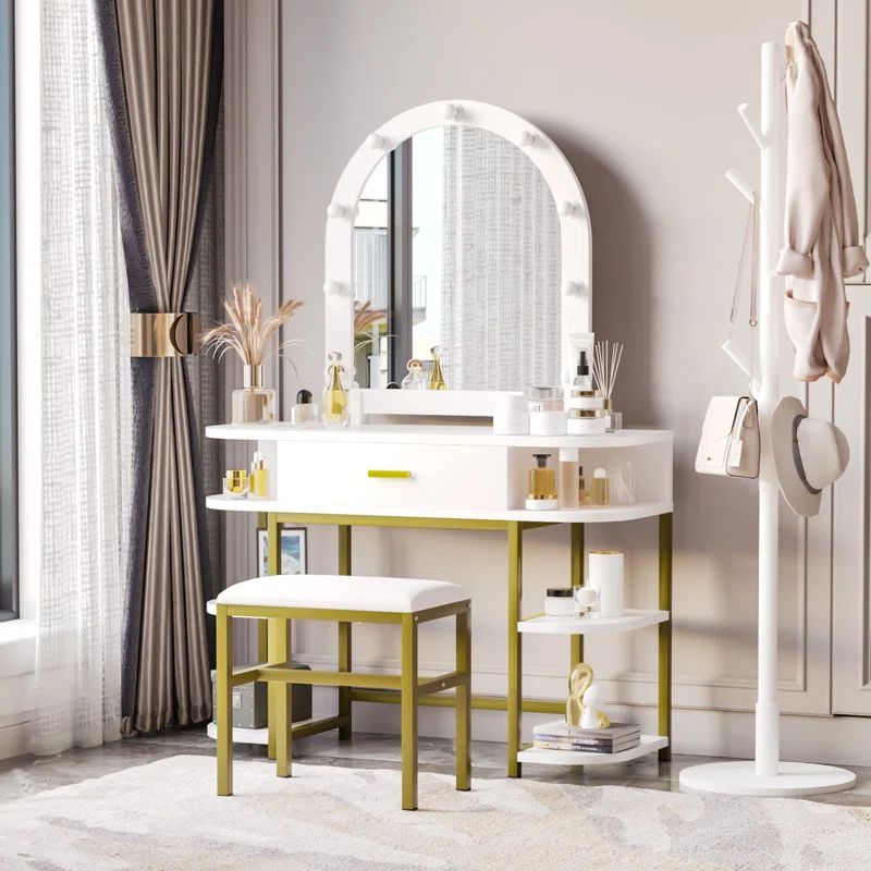 White Makeup Vanity Table Set with Metal Gold Legs and Mirror | Wayfair North America