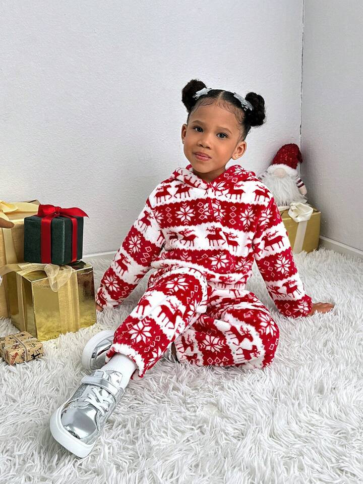 SHEIN Streecool Kids Young Girl & Young Girl Casual Christmas Plush Ear Sweatshirt & Pants Set, S... | SHEIN