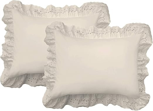 Fresh Ideas Ruffled Bed Pillow Shams with Embroidered Eyelet Detail, Standard, Ivory, 2-Pack | Amazon (US)