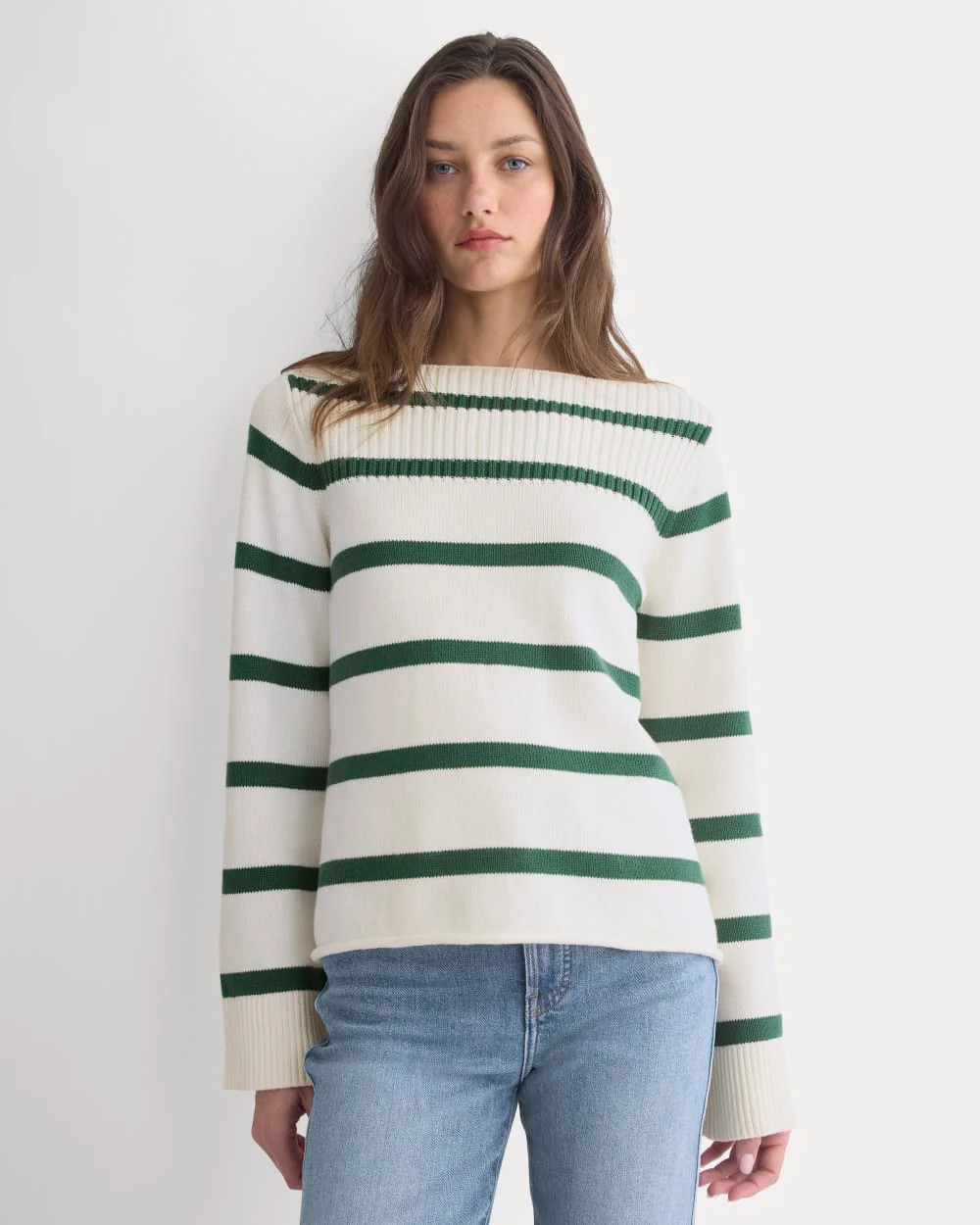 Striped Boatneck Sweater in Everyday Cotton | Hunter Green/Bone | Everlane