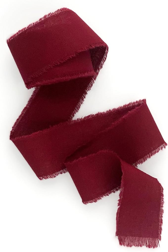 Burgundy Ribbon 1inch Wide 5Yards Frayed Edges Handmade Maroon Cotton Ribbon Hand Dyed for Rustic... | Amazon (US)