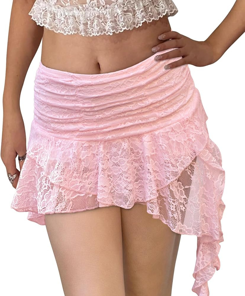 Kolagri Women Y2K Lace Mini Skirt Low Rise Pleated Ruffle Short Skirts Layered Flowy Asymmetrical... | Amazon (US)