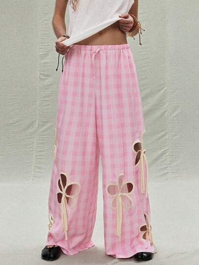 SoleilVie Low-Waisted Plaid Wide-Leg Pants Women – New Floral Bow Trim Slimming Flower Pants Gi... | SHEIN