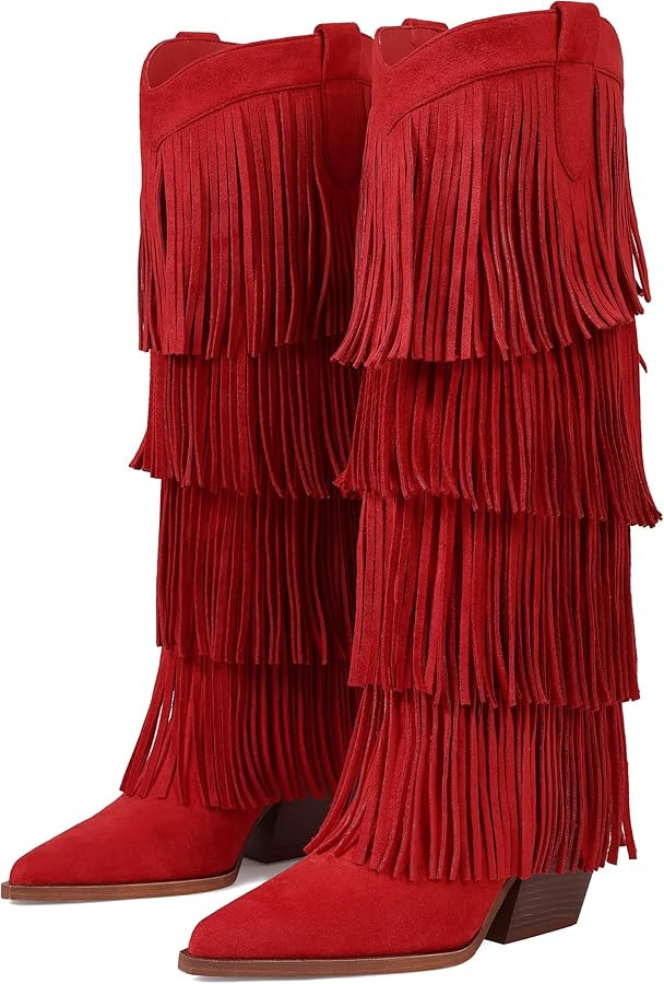 Womens Fringe Boots Knee High Cowboy Boots Chunky Heel Western Pointed Toe Slip on Wide Calf Cowg... | Amazon (US)