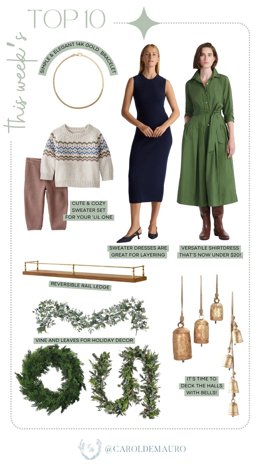 This week's Top 10 has everything you need to look chic and to decorate your space! Find the perfect sweater dress or a versatile shirtdress for your wardrobe, and grab a cute & cozy sweater set for your little one. Don't forget the gorgeous home updates like the reversible rail ledge, festive green wreaths and vines for holiday decor, and beautiful hanging bells to deck the halls!

bestseller, fall staple, modest dresses, toddler fashion, christmas decor, holiday season, mantel styling, winter vibes

#LTKStyleTip #LTKSeasonal #LTKHome