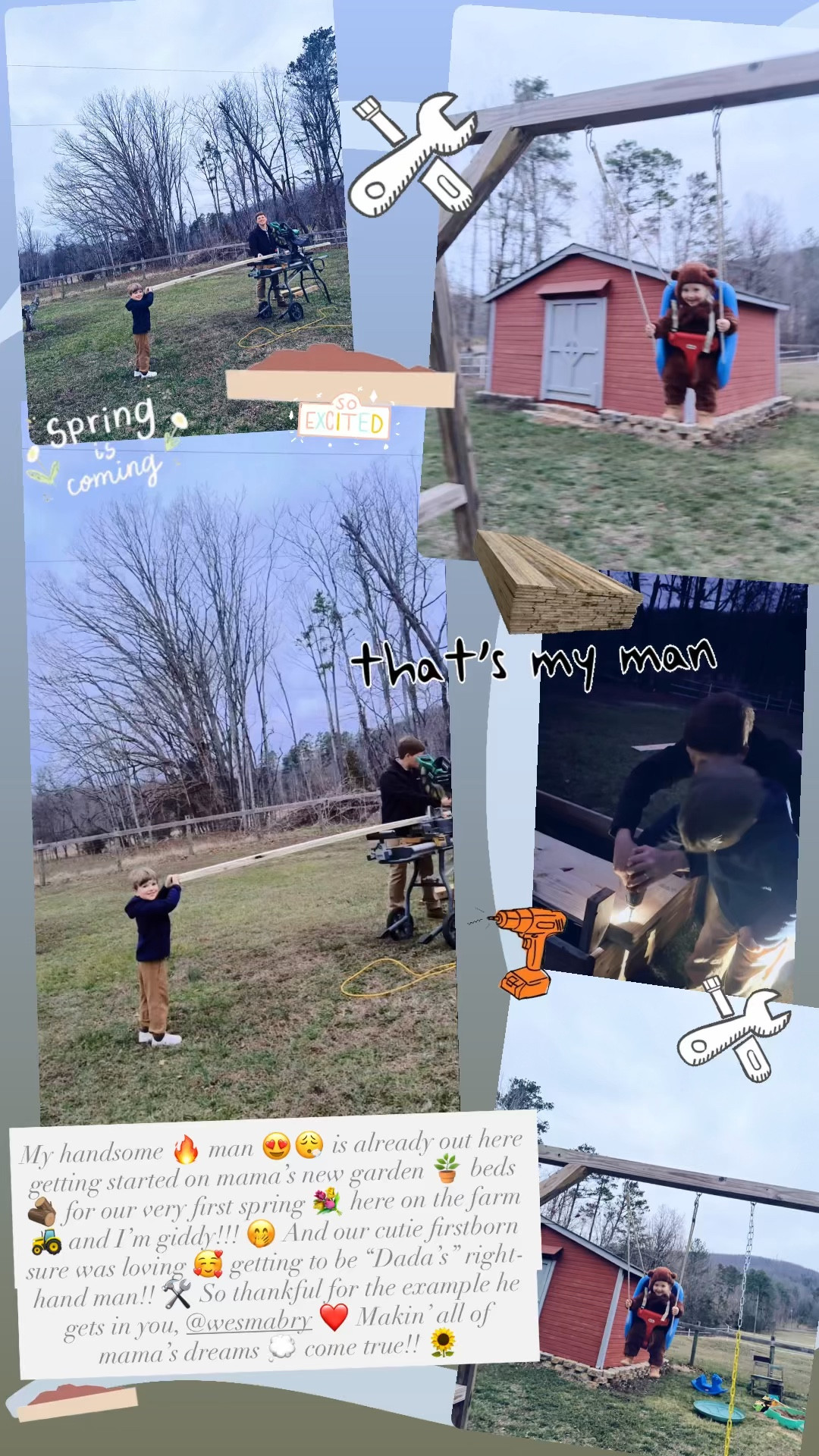 My handsome 🔥 man 😍😮‍💨 is already out here getting started on mama’s new garden 🪴 beds 🪵 for our very first spring 💐 here on the farm 🚜 and I’m giddy!!! 🤭 And our cutie firstborn sure was loving 🥰 getting to be “Dada’s” right-hand man!! 🛠️ So thankful for the example he gets in you, @wesmabry ❤️ Makin’ all of mama’s dreams 💭 come true!! 🌻