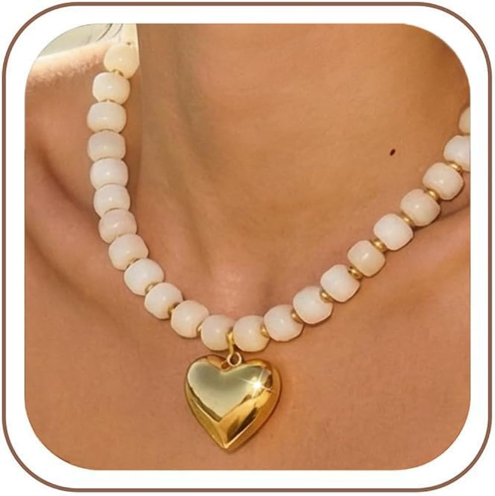 Chunky Heart Necklace for Women, Colorful Resin Beaded Choker, 14K Gold Plated Puffy Heart Pendan... | Amazon (US)