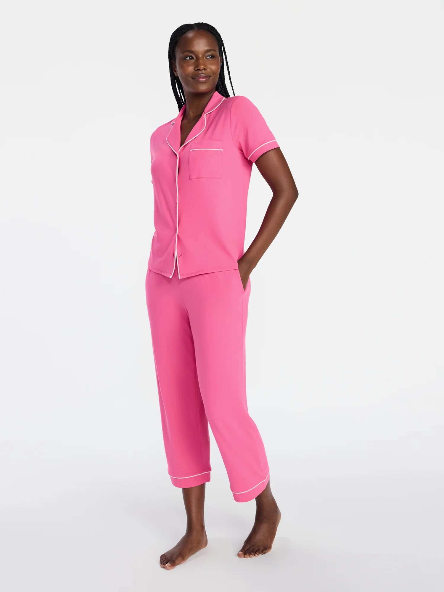 Joyspun Women's Dreamy Soft Collection Notch Knit Top and Capri Pants Pajama Set, 2-Piece, Sizes ... | Walmart (US)