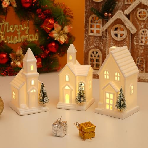 Luxstyra 3 Pcs Light Up Christmas Houses, White Ceramic House Christmas Decor with 3 Pcs Xmas Tree, Porcelain Ceramic Xmas Village Sets with Timer, Christmas Town Village Set Xmas Figurines Home Decor | Amazon (US)