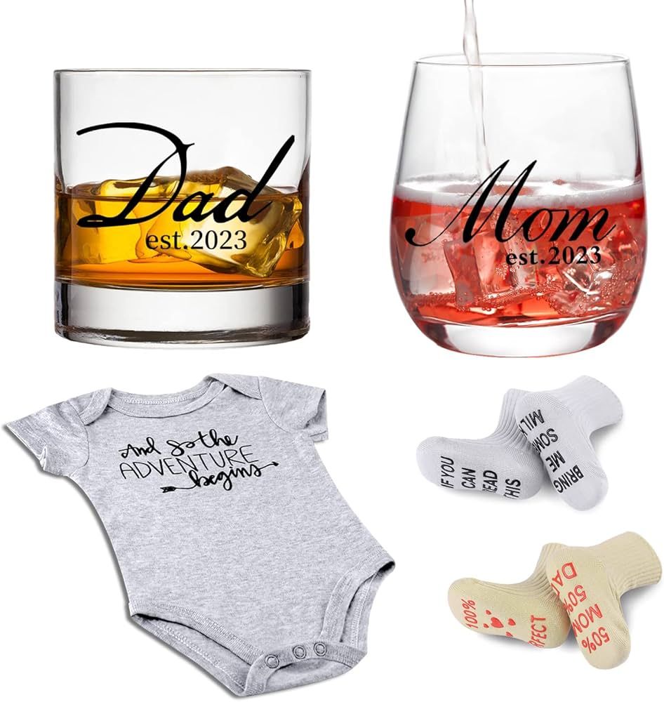 Pregnancy Gifts for First Time Moms – Mom and Dad Est 2023 11 oz Whiskey Glass Gift Set with Ro... | Amazon (US)
