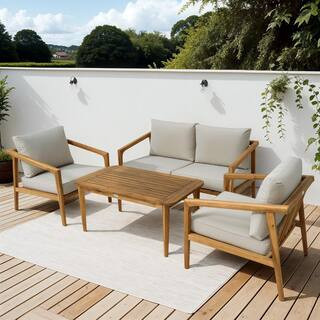 4 Piece Acacia Wood Patio Furniture Set, Outdoor Sofa Set with Thickened Cushions, Light Gray | The Home Depot