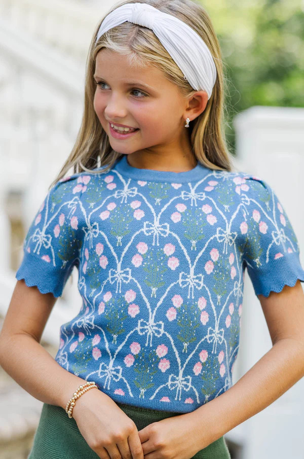 Girls: Shine A Little Brighter Teal Bow Print Sweater | The Mint Julep Boutique