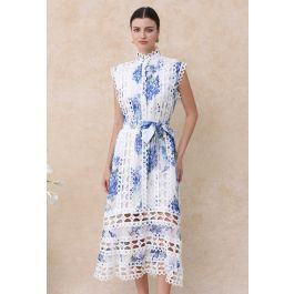 Blue Hydrangea Printed Cutwork Lace Trim Sleeveless Midi Dress | Chicwish