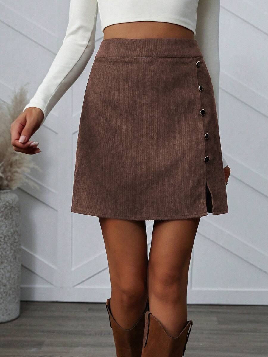 SHEIN Clasi Autumn Casual Vintage Solid Color Slit Button Decor A-Line Skirt Corduroy Women | SHEIN