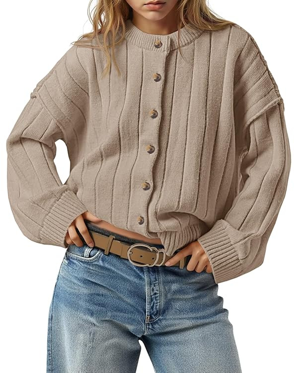 Saodimallsu Womens Open Front Cardigan Sweaters Button Down Knit Long Sleeve Crewneck Casual Loos... | Amazon (US)