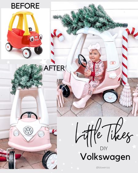 Little Tikes Cozy Coupe DIY Makeover Volkswagen 

1. Sand all the parts then wash them all
2. Tape off any of the areas you want to paint. 
3. Paint the white thin and not in any wind. Leave for a few hours more and then do each layer. Repeat for pink
4. After all tape is removed go in with a paint brush to clean up any areas. 
5. Seal it well many times over with a gloss. Otherwise paint will chip. 
5. Add the trim then decals. 🖤



...
Spray paint VW decals Halloween kids car pink white chrome Rustoleum crafts first birthday toddler baby toys toy groovy birthday gifts pink Christmas gift gifts kids candy cane VW before and after pink halloween Amazon finds target finds lowes tjmaxx home goods ghost pumpkin Christmas tree  décor reindeer Etsy 

#LTKkids #LTKfamily #LTKSeasonal