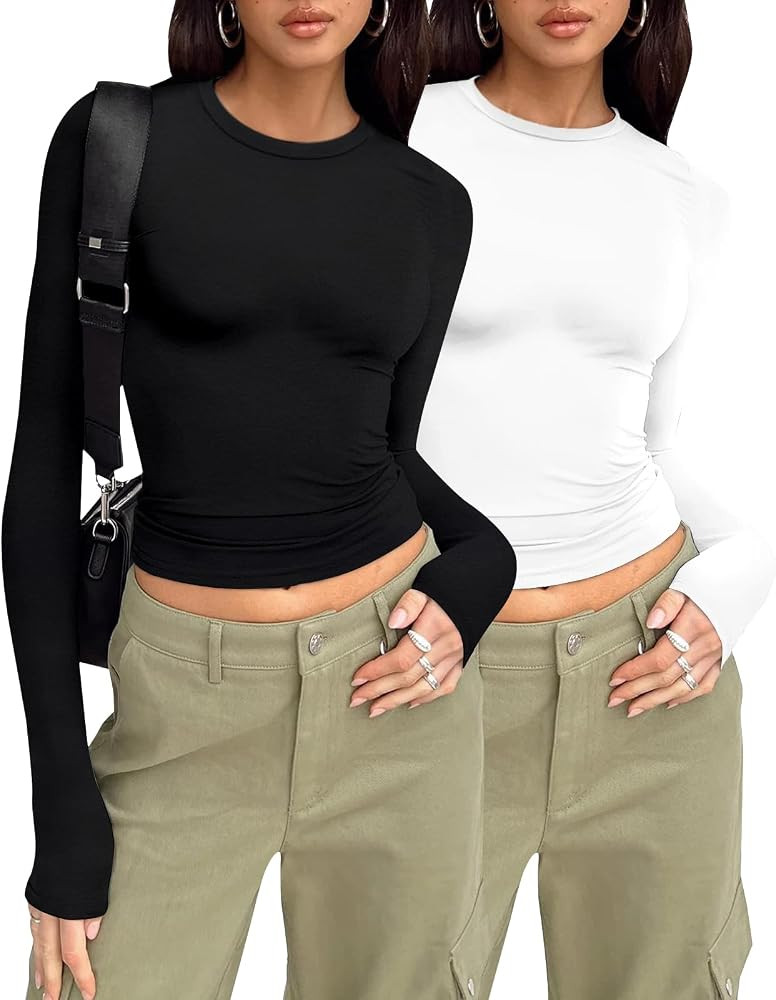 Womens 2 Piece Long Sleeve Tops Crew Neck Thermal Shirts Slim Fit T Shirt Underscrubs Layer Tee S... | Amazon (US)