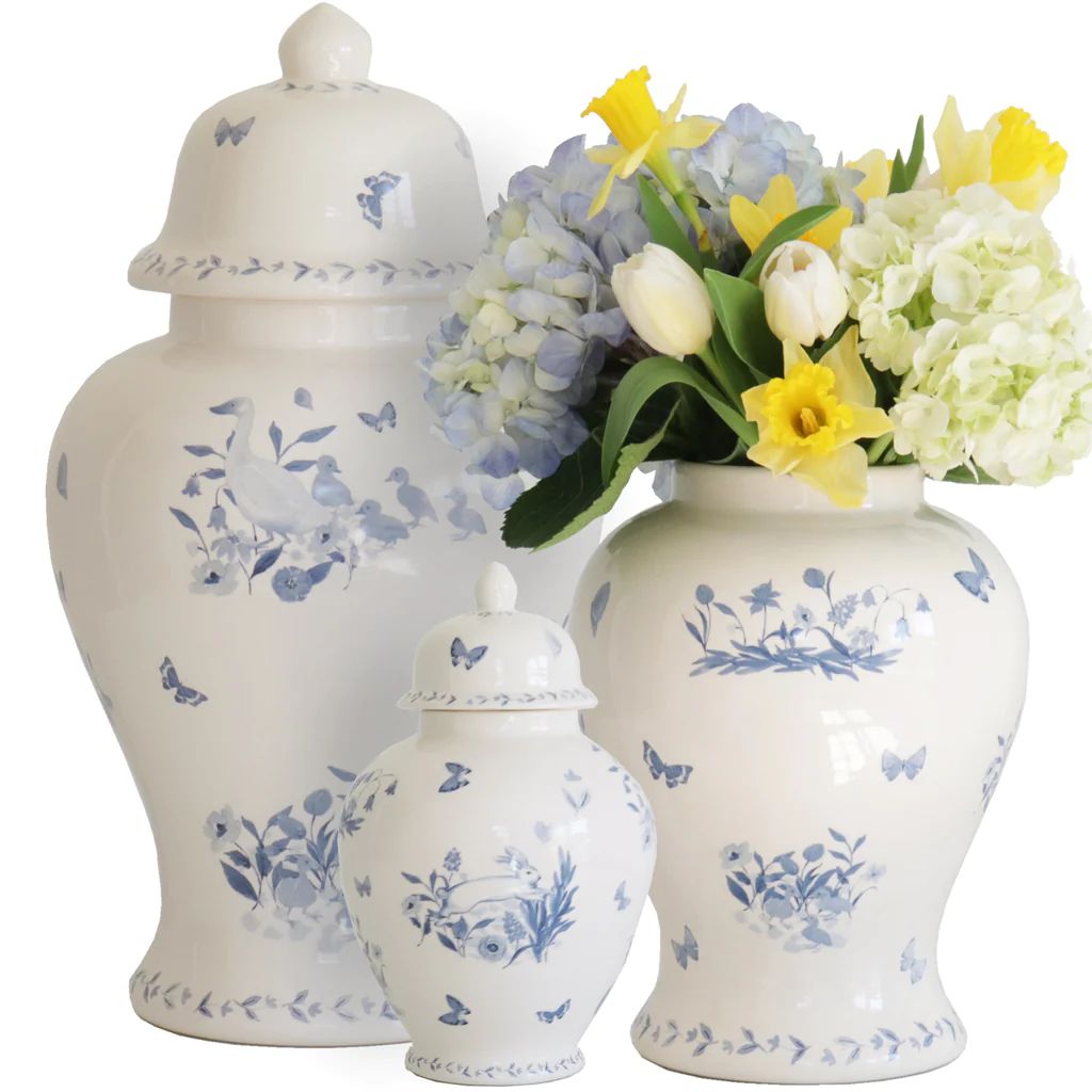 Springtime Toile Ginger Jars in Blue | Lo Home by Lauren Haskell Designs