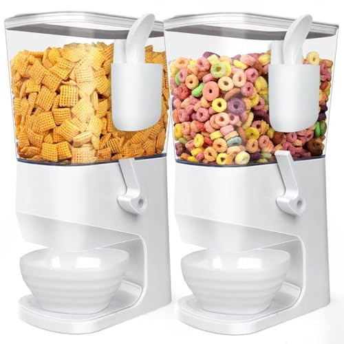 Cereal Dispenser Countertop With Bowls and Spoons Cereal Containers Storage for Pantry Snack Organizer Dry Food Storage Container with Lid for Kitchen Organization Oatmeal Nut Granola（2pcs White） | Amazon (US)