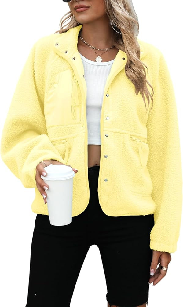 Yanekop Womens Fleece Jacket Fuzzy Long Sleeve Short Winter Coats Button Down Sherpa Jacket Outer... | Amazon (US)