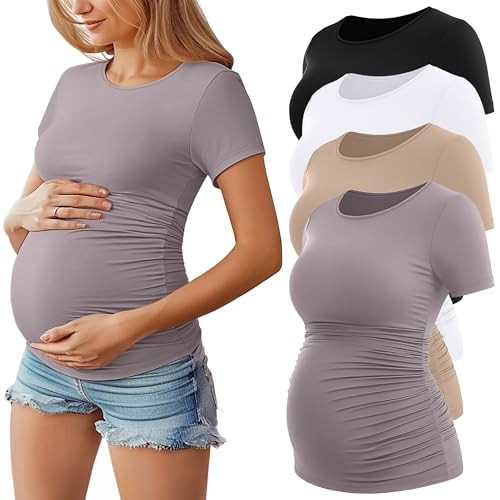 Huukeay 4 Pack Women's Maternity Shirts, Crew Neck Maternity Top Short Sleeve Casual Cotton Tee Side Ruched Pregnancy Clothes(Black, Grayish Purple, Khaki, White,Small) | Amazon (US)