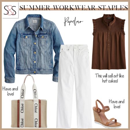 J crew denim jacket with chocolate brown ruffle shirt and white jeans are great for travel or the office

#LTKworkwear #LTKSeasonal #LTKtravel