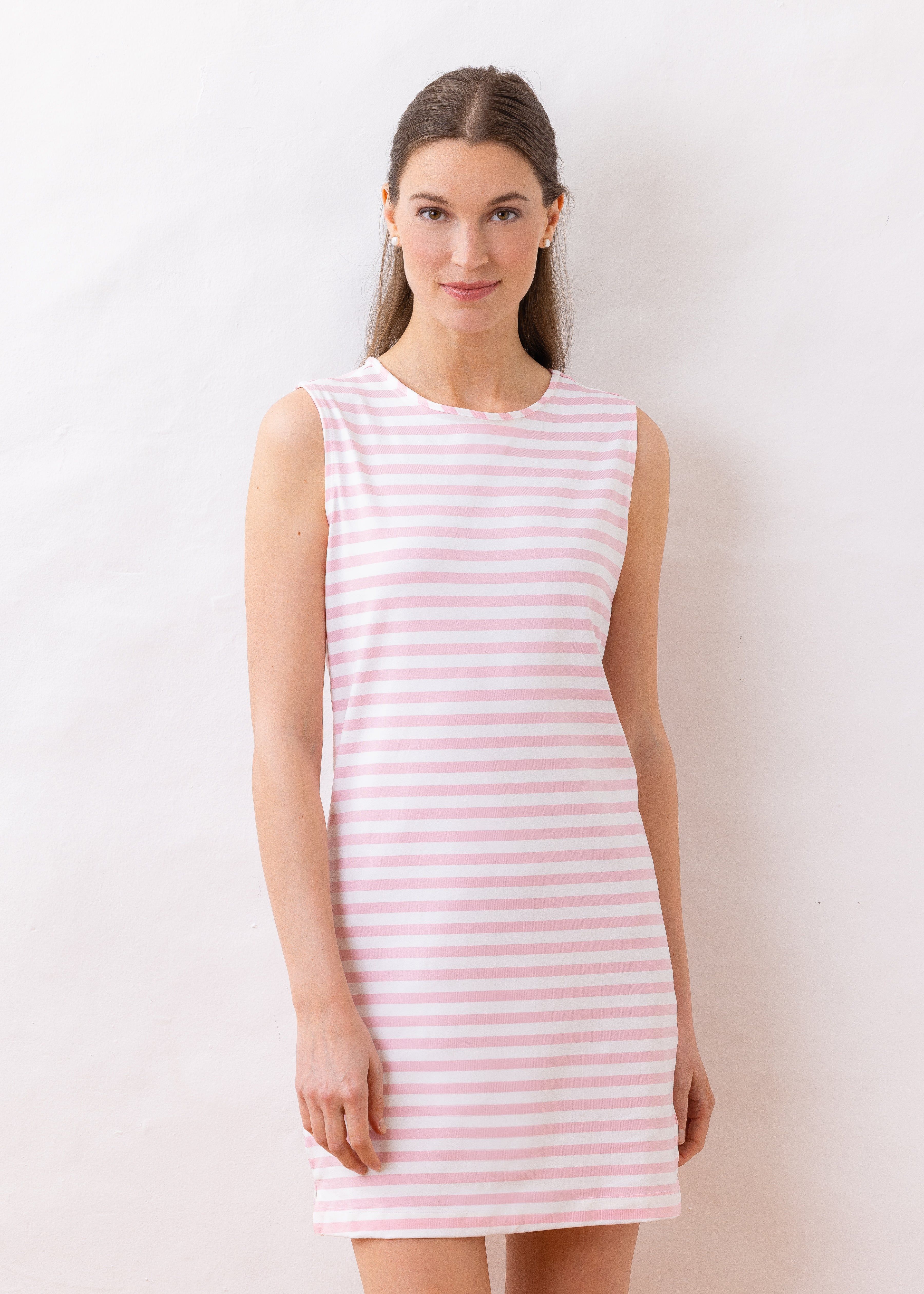 Tory Short Dress in Repreve® Striped Jersey (Pink / White) | Dudley Stephens