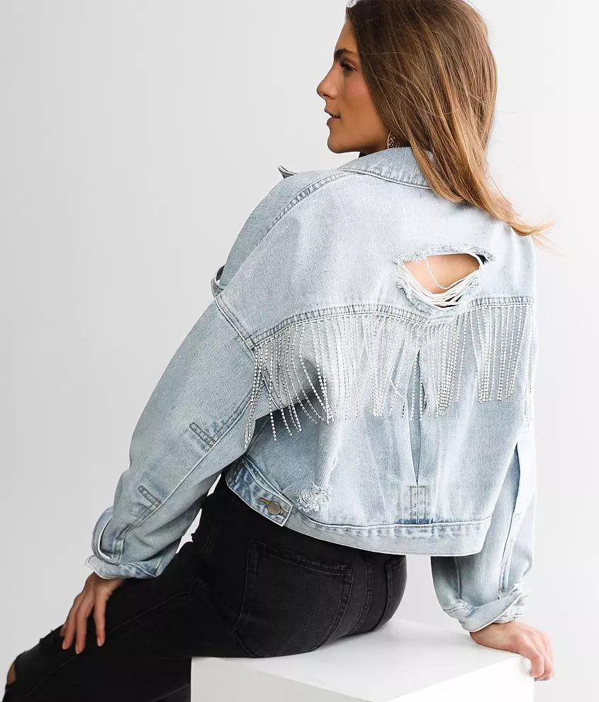 Rhinestone Fringe Cropped Denim Jacket | Buckle