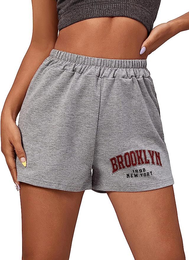 SweatyRocks Women's Casual Elastic High Waist Letter Print Workout Track Shorts | Amazon (US)