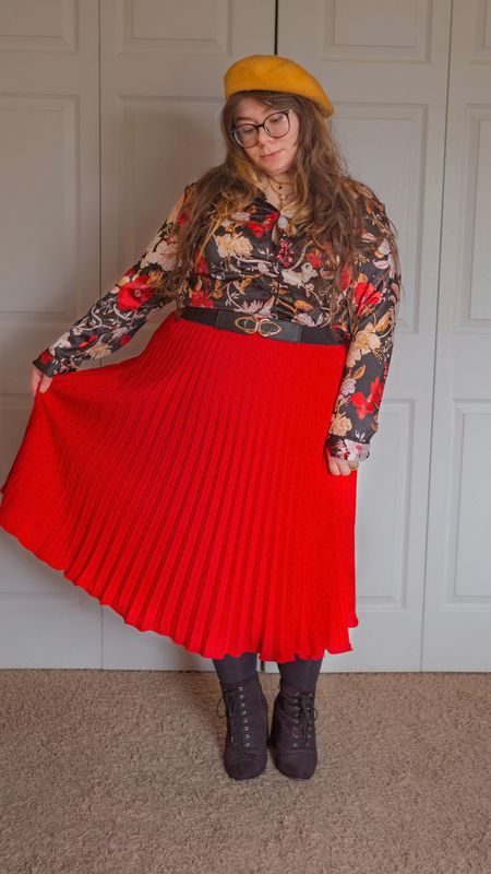Plus size notch collar blouse and red pleated midi skirt outfit

#LTKSeasonal #LTKstyletip #LTKcurves