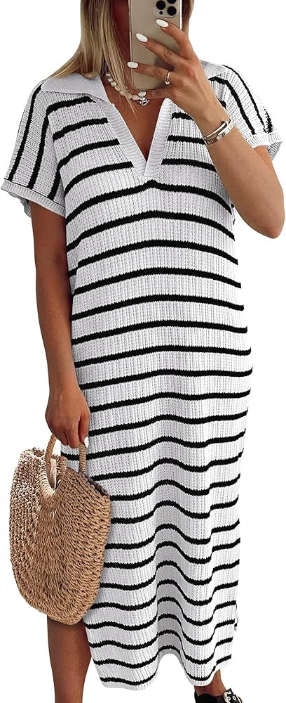 ANRABESS Women's Summer Striped Midi Dress 2025 Casual Short Sleeve V Neck Loose Knitted Side Sli... | Amazon (US)
