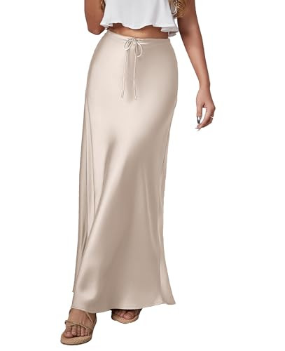Womens Satin Maxi Skirt High Waisted Elegant Silk Cocktail Wedding A Line Long Skirts(Beige,XL) | Amazon (US)