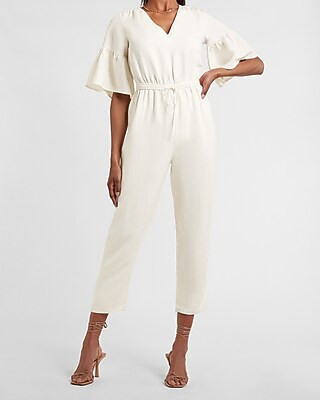 Linen-Blend Drawstring Waist Flutter Sleeve Jumpsuit | Express