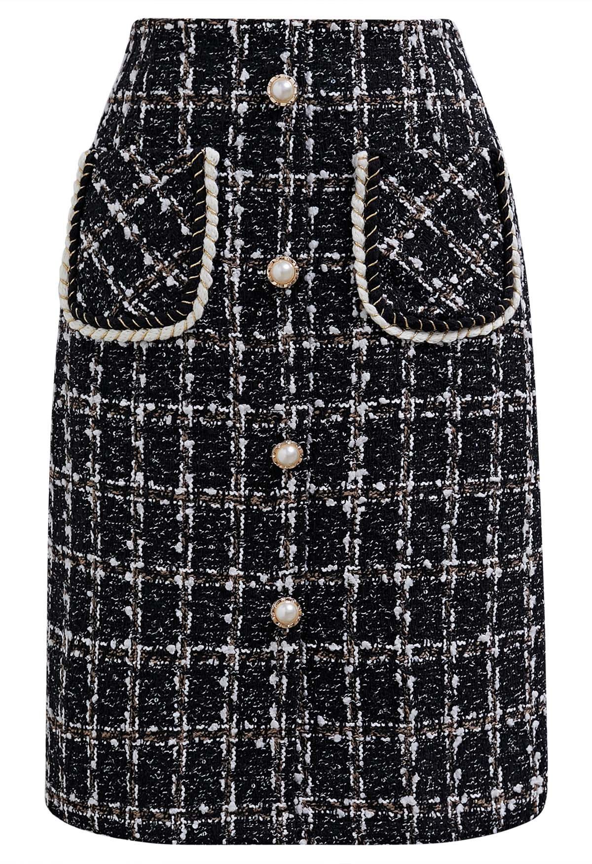 Patch Pocket Buttoned Check Tweed Skirt in Black | Chicwish