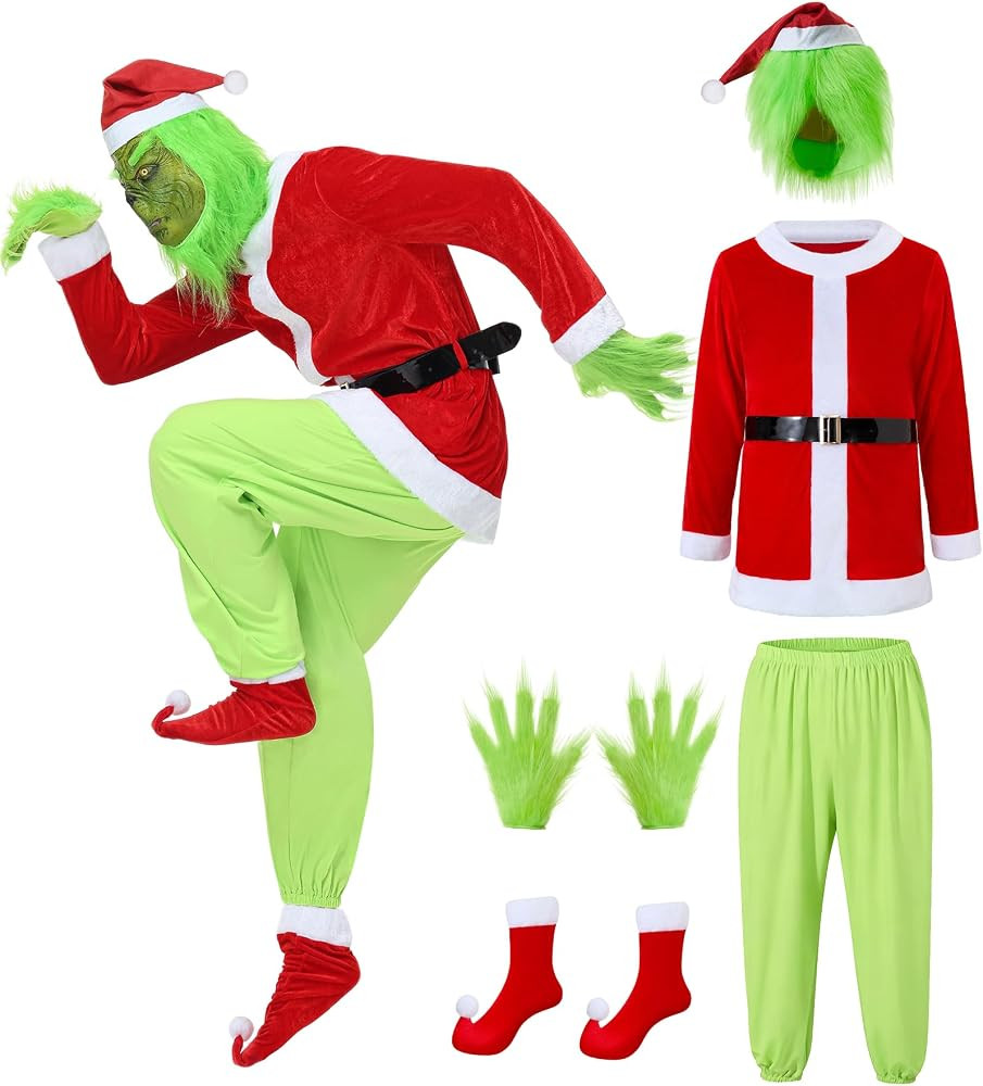 Green Monster Costume Adult 7PCS Set Santa Claus Outfit Furry Suit Christmas Party Cosplay | Amazon (US)