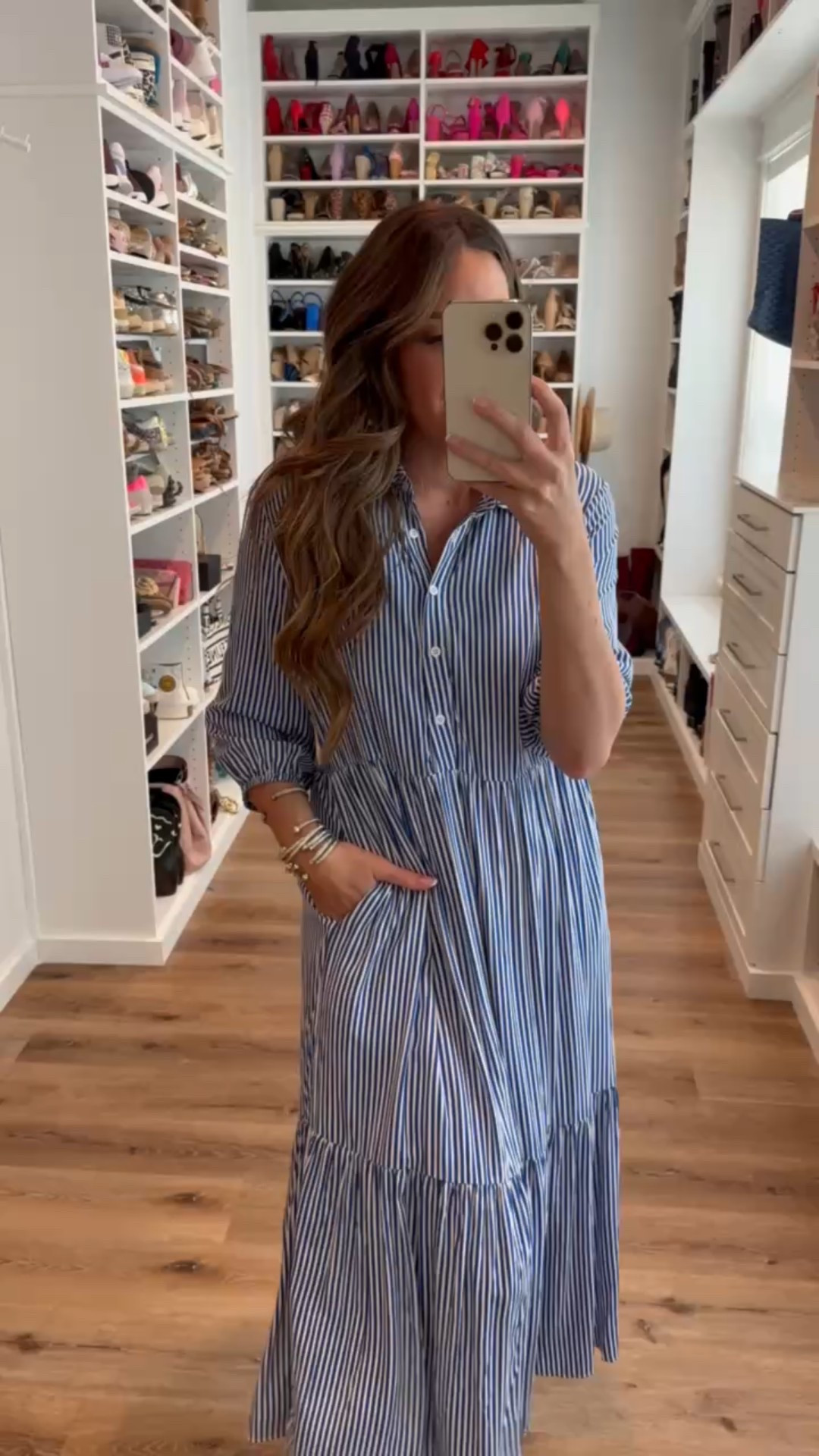 In a medium stripe polo shirt maxi dress, espadrilles and accessories for patriotic look- fits tts.

#LTKFindsUnder50 #LTKSeasonal #LTKStyleTip